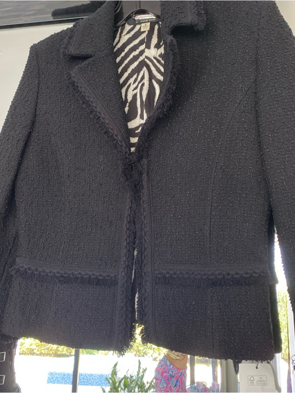St John couture Classic Black Tweed Fringed Blazer with Zebra-Print Lining